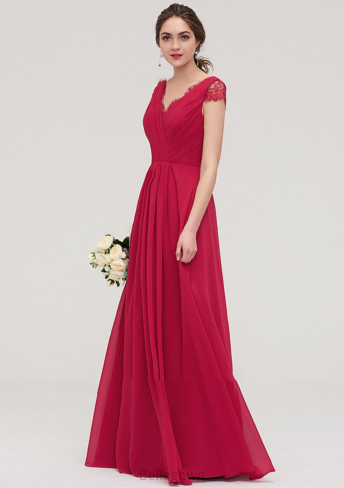 Sleeveless V Neck Long/Floor-Length Chiffon A-line/Princess Bridesmaid Dresses With Lace Pleated Ryann DNP0025486