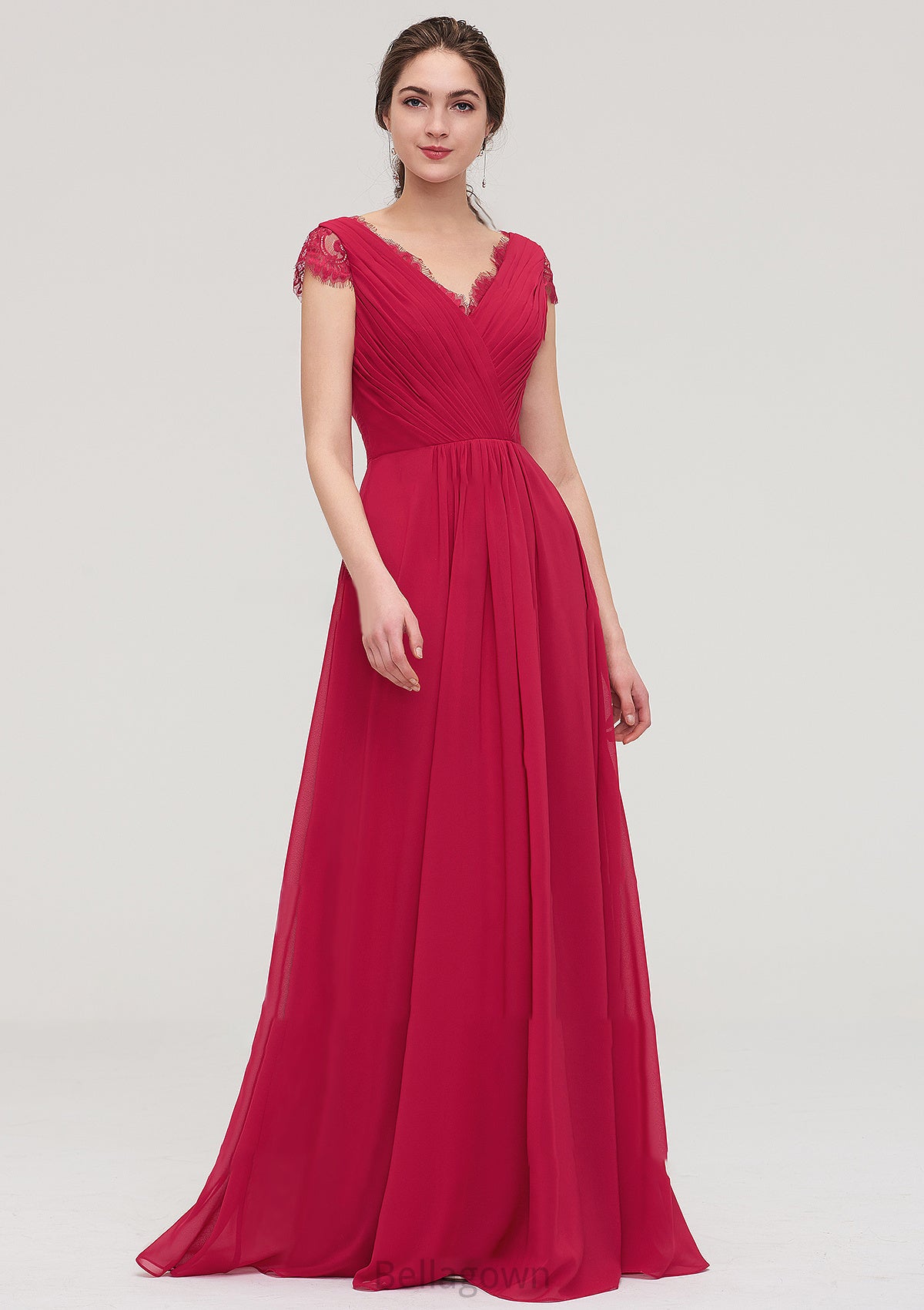 Sleeveless V Neck Long/Floor-Length Chiffon A-line/Princess Bridesmaid Dresses With Lace Pleated Ryann DNP0025486