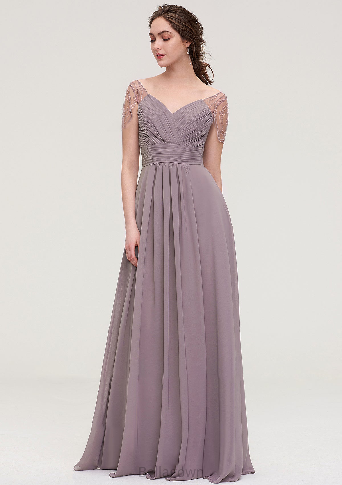 Short Sleeve Sweetheart Long/Floor-Length Chiffon A-line/Princess Bridesmaid Dresses With Pleated Beading Aubrie DNP0025487