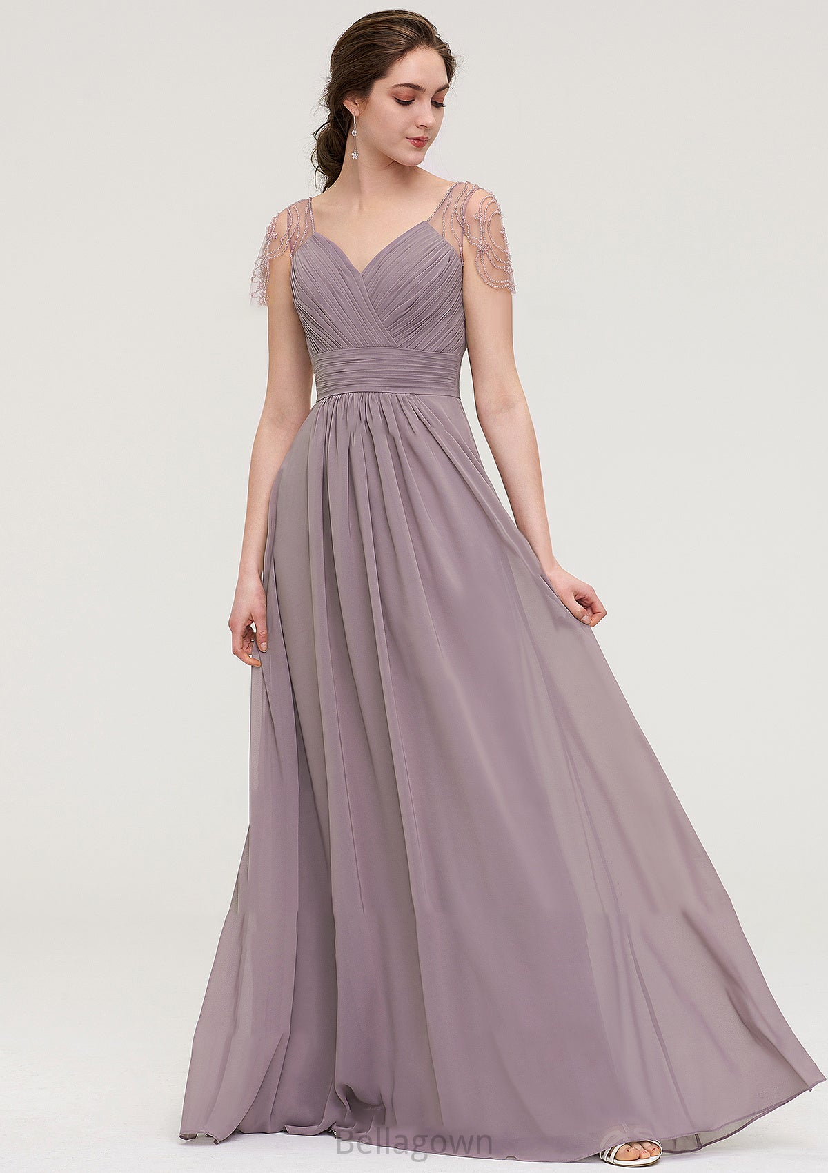 Short Sleeve Sweetheart Long/Floor-Length Chiffon A-line/Princess Bridesmaid Dresses With Pleated Beading Aubrie DNP0025487