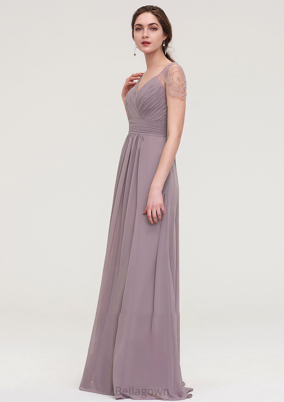 Short Sleeve Sweetheart Long/Floor-Length Chiffon A-line/Princess Bridesmaid Dresses With Pleated Beading Aubrie DNP0025487