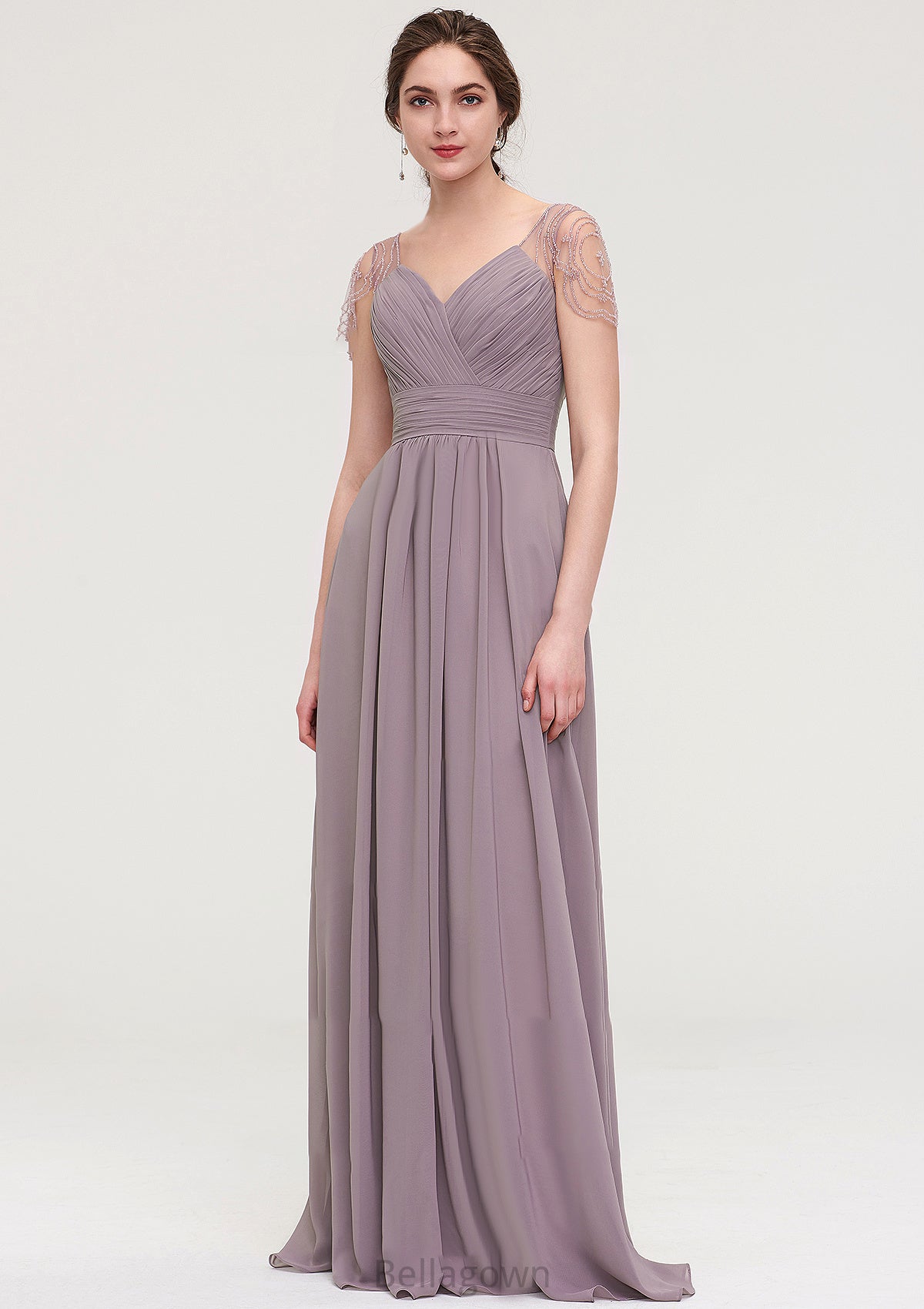 Short Sleeve Sweetheart Long/Floor-Length Chiffon A-line/Princess Bridesmaid Dresses With Pleated Beading Aubrie DNP0025487