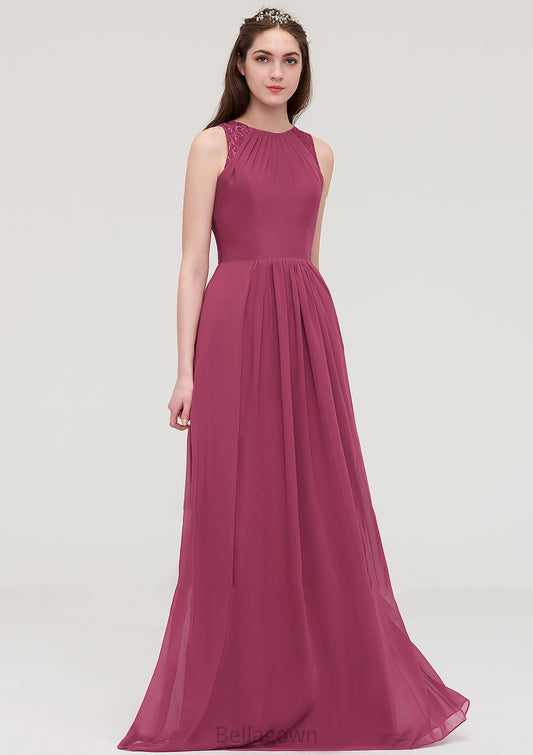 Bateau Sleeveless Long/Floor-Length Chiffon A-line/Princess Bridesmaid Dresses With Lace Pleated Mariam DNP0025488