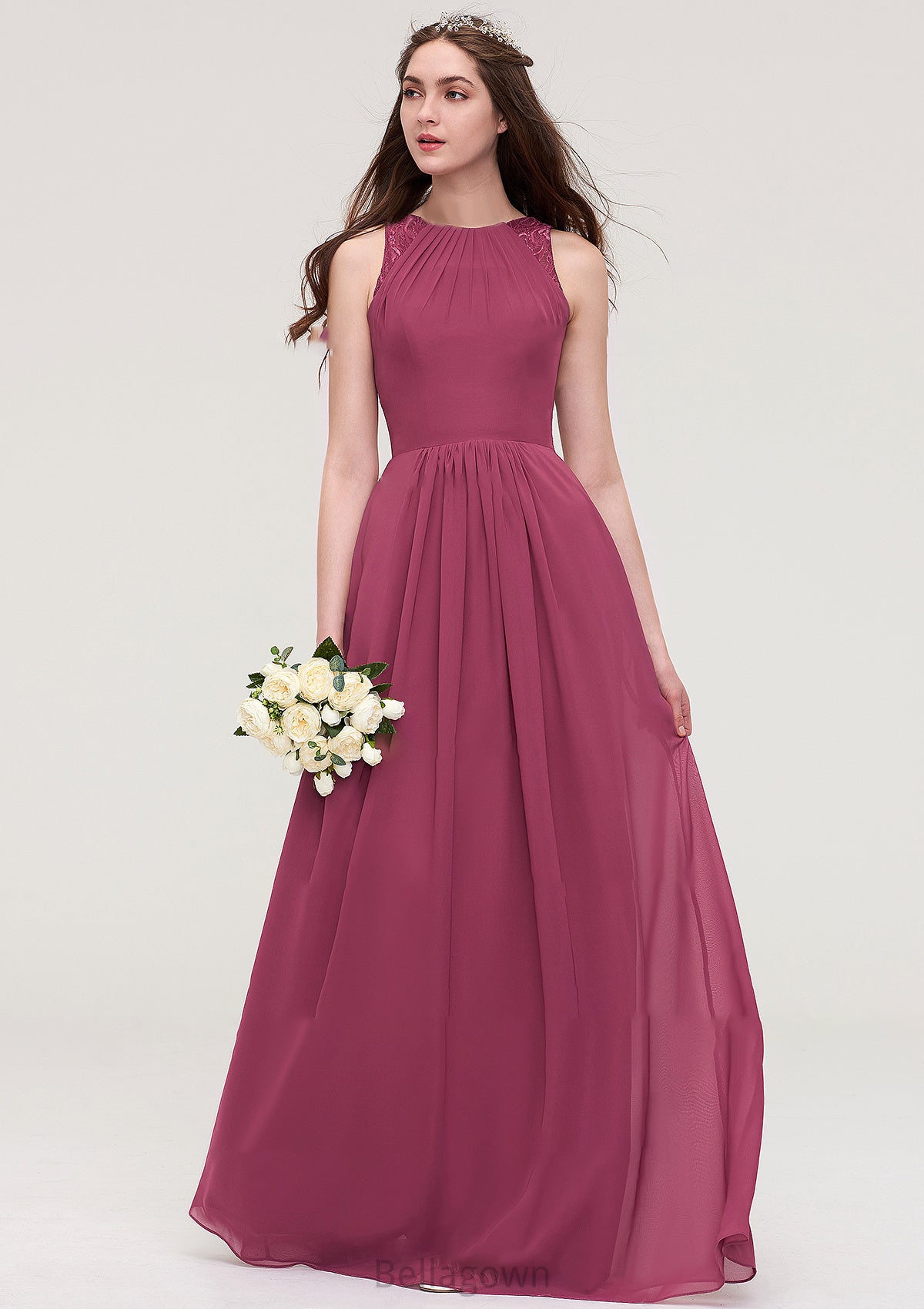 Bateau Sleeveless Long/Floor-Length Chiffon A-line/Princess Bridesmaid Dresses With Lace Pleated Mariam DNP0025488