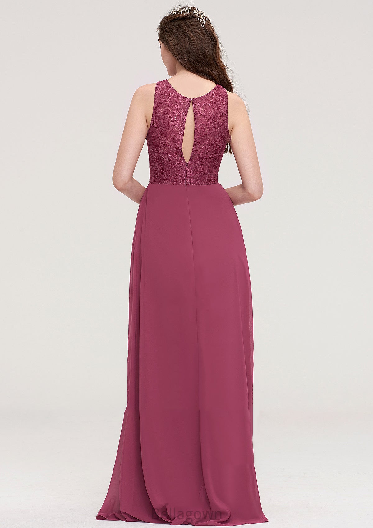 Bateau Sleeveless Long/Floor-Length Chiffon A-line/Princess Bridesmaid Dresses With Lace Pleated Mariam DNP0025488