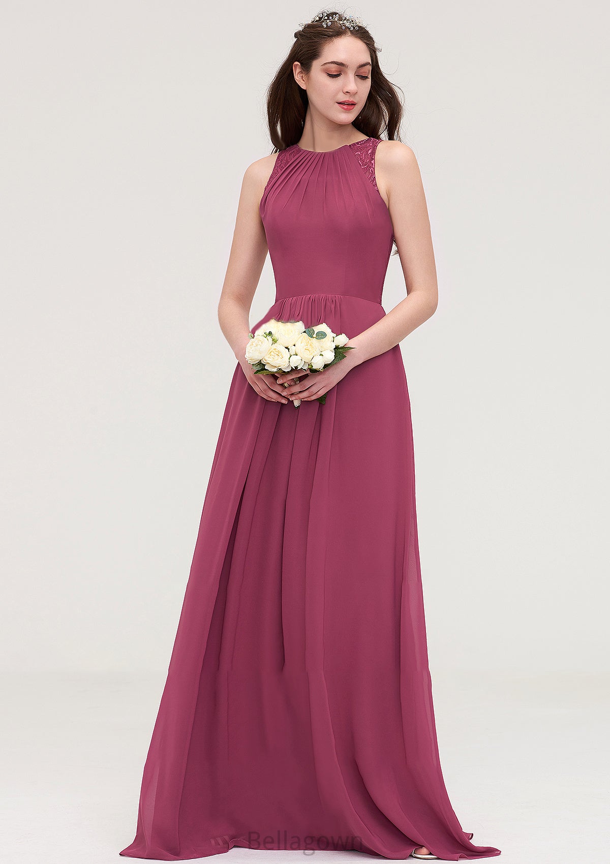 Bateau Sleeveless Long/Floor-Length Chiffon A-line/Princess Bridesmaid Dresses With Lace Pleated Mariam DNP0025488