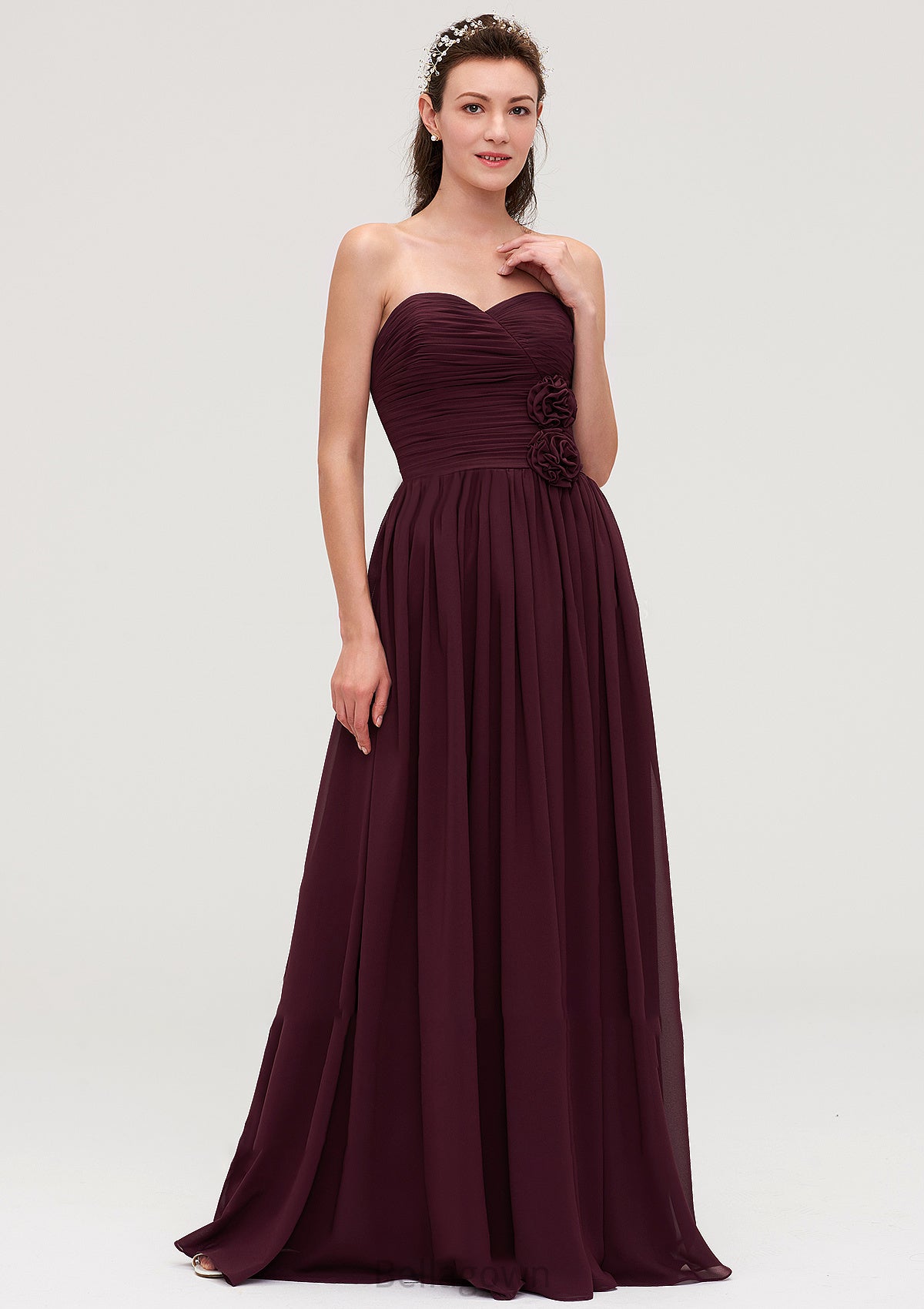 Sweetheart Sleeveless Long/Floor-Length Chiffon A-line/Princess Bridesmaid Dresses With Pleated Saniyah DNP0025490