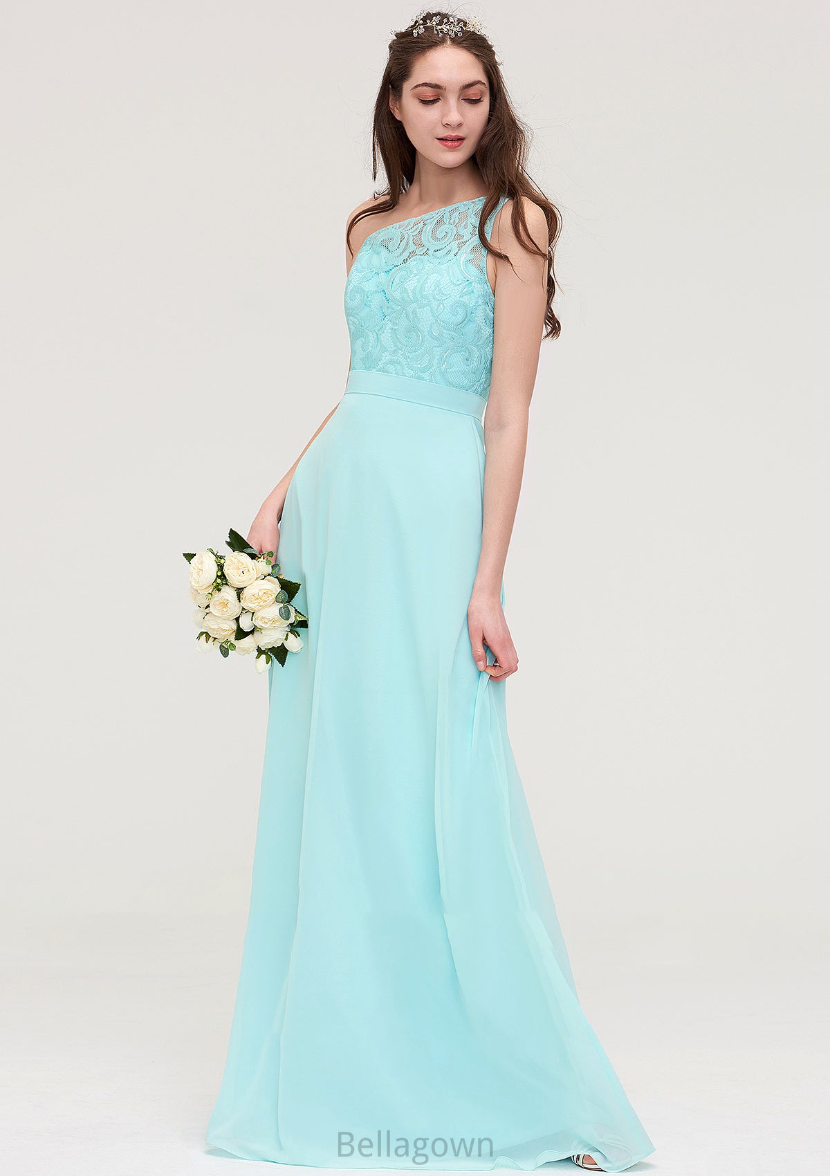 One-Shoulder Sleeveless Long/Floor-Length Chiffon A-line/Princess Bridesmaid Dresses With Lace Aracely DNP0025491