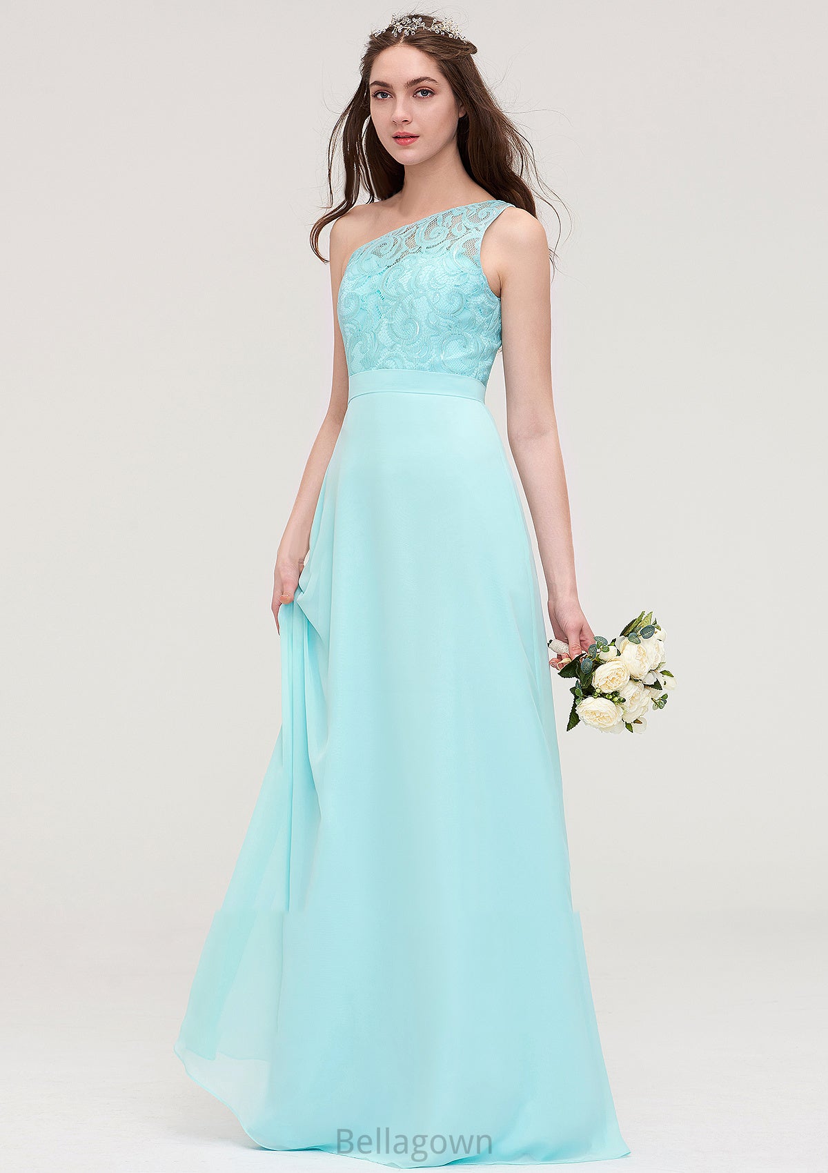 One-Shoulder Sleeveless Long/Floor-Length Chiffon A-line/Princess Bridesmaid Dresses With Lace Aracely DNP0025491