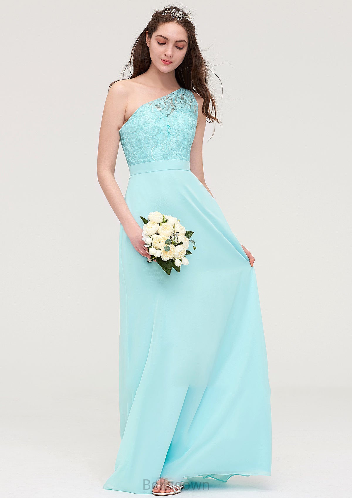 One-Shoulder Sleeveless Long/Floor-Length Chiffon A-line/Princess Bridesmaid Dresses With Lace Aracely DNP0025491