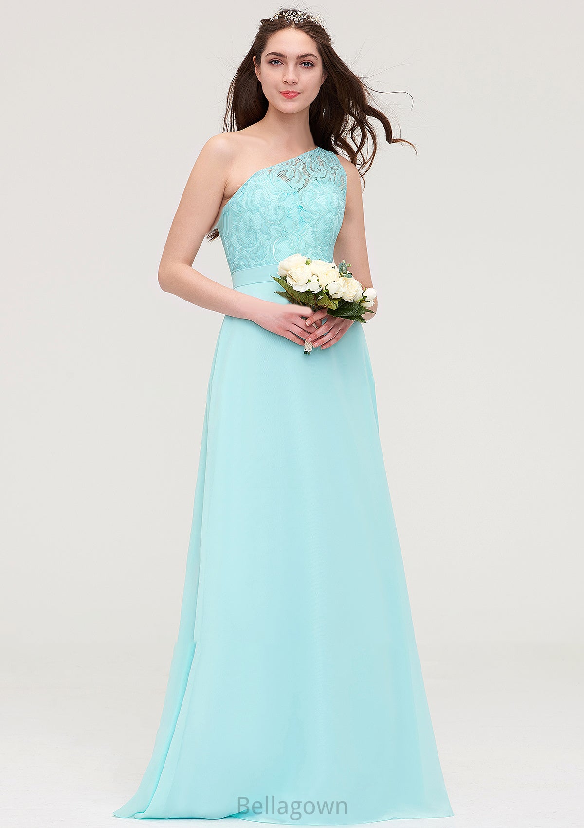 One-Shoulder Sleeveless Long/Floor-Length Chiffon A-line/Princess Bridesmaid Dresses With Lace Aracely DNP0025491