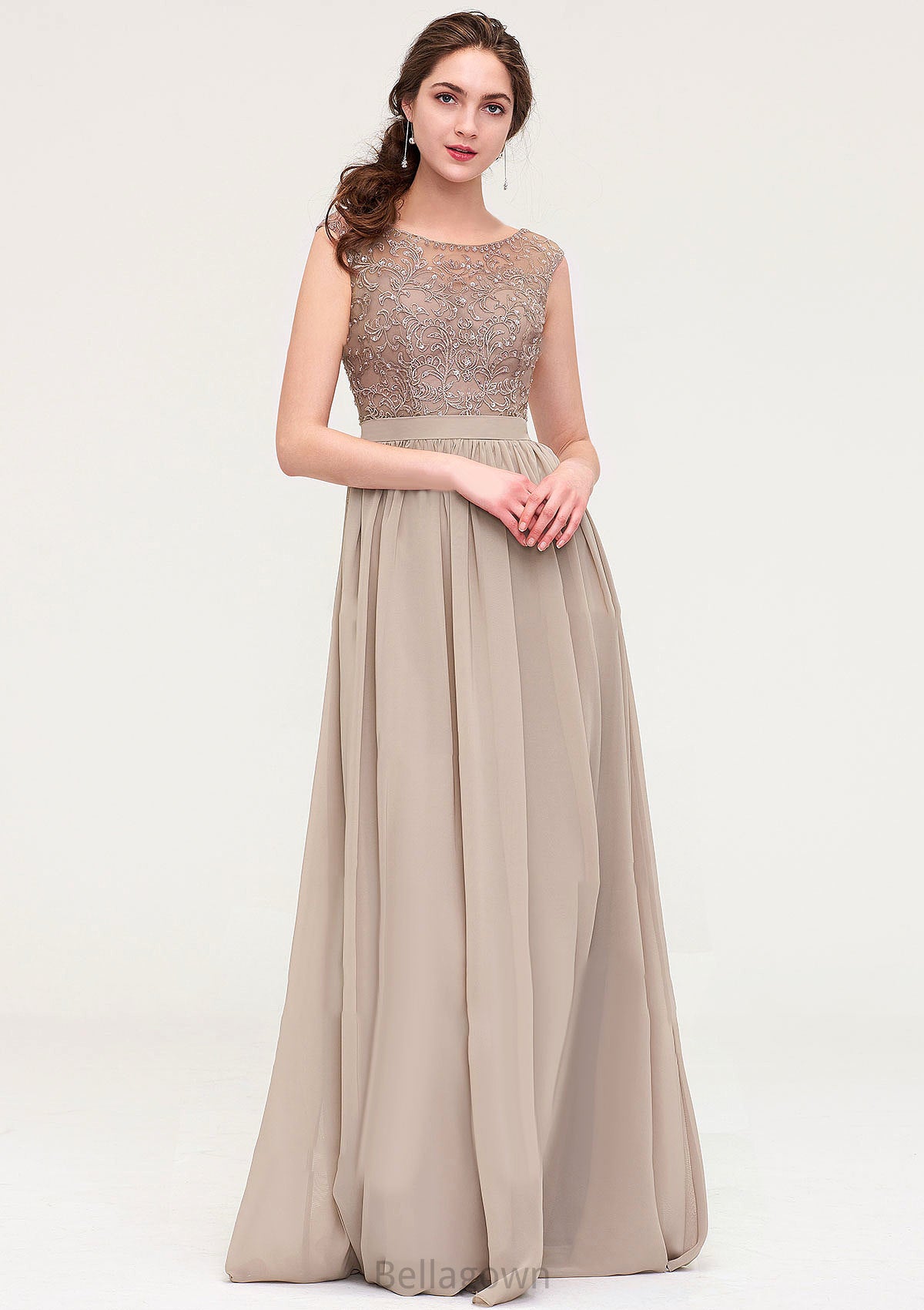 Sleeveless Scoop Neck Long/Floor-Length Chiffon A-line/Princess Bridesmaid Dresses With Sequins Beading Lace Pleated Alana DNP0025493