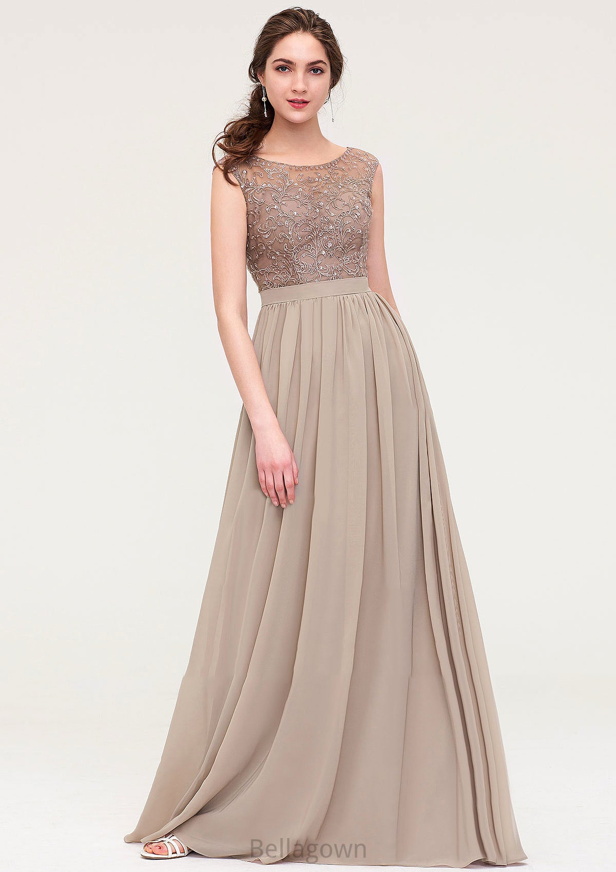 Sleeveless Scoop Neck Long/Floor-Length Chiffon A-line/Princess Bridesmaid Dresses With Sequins Beading Lace Pleated Alana DNP0025493