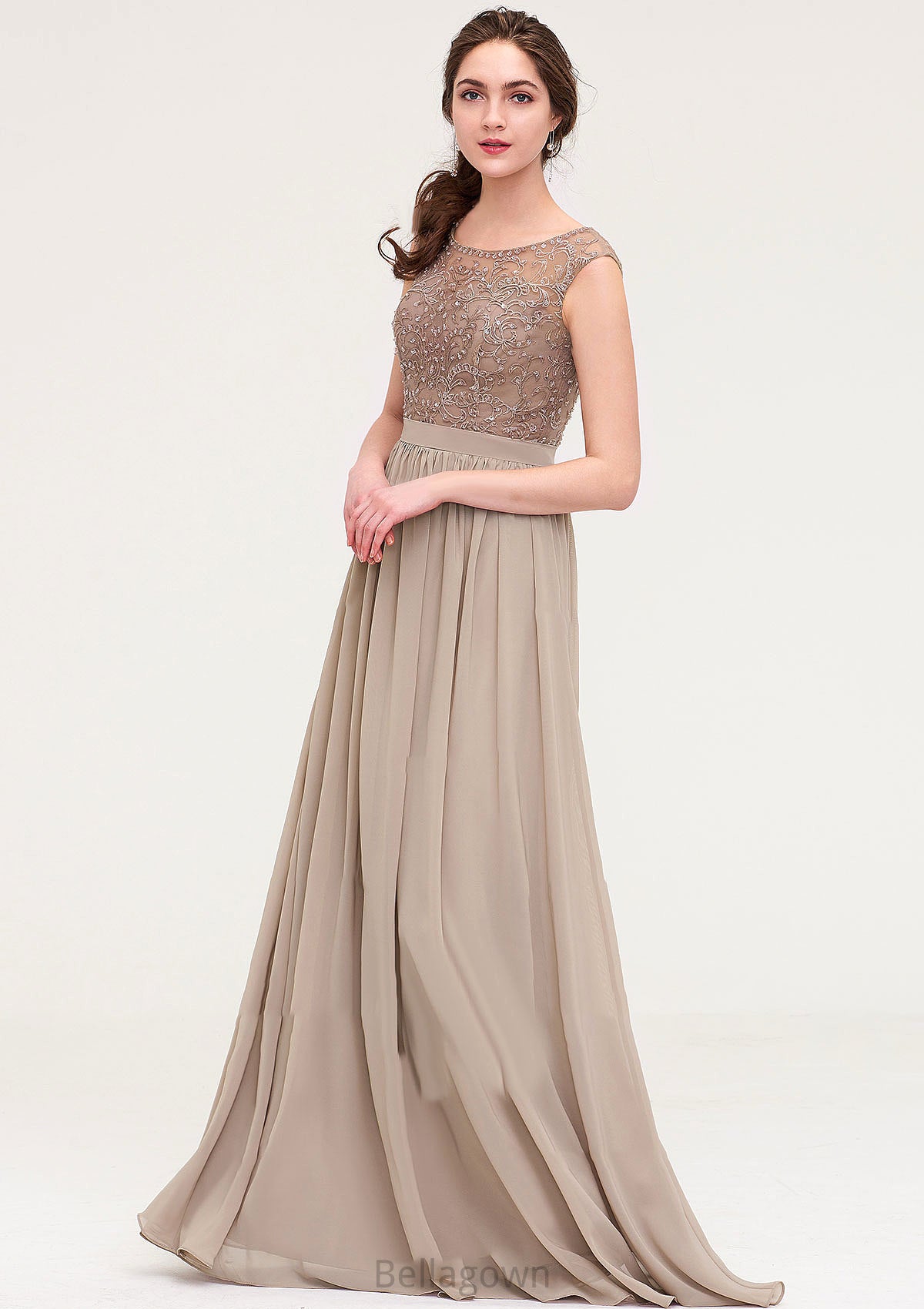 Sleeveless Scoop Neck Long/Floor-Length Chiffon A-line/Princess Bridesmaid Dresses With Sequins Beading Lace Pleated Alana DNP0025493