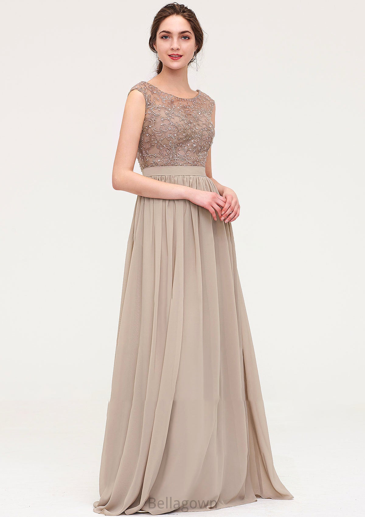 Sleeveless Scoop Neck Long/Floor-Length Chiffon A-line/Princess Bridesmaid Dresses With Sequins Beading Lace Pleated Alana DNP0025493