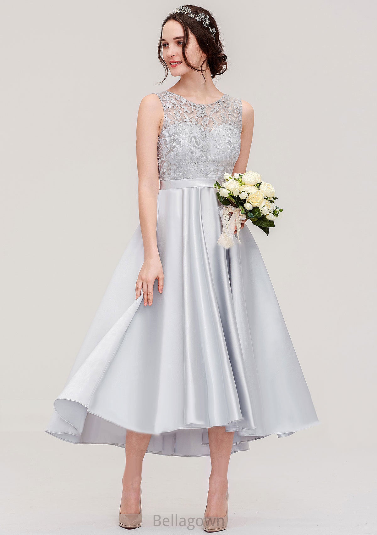 Bateau Sleeveless Tea-Length Satin A-line/Princess Bridesmaid Dresses With Sashes Lace Alicia DNP0025495