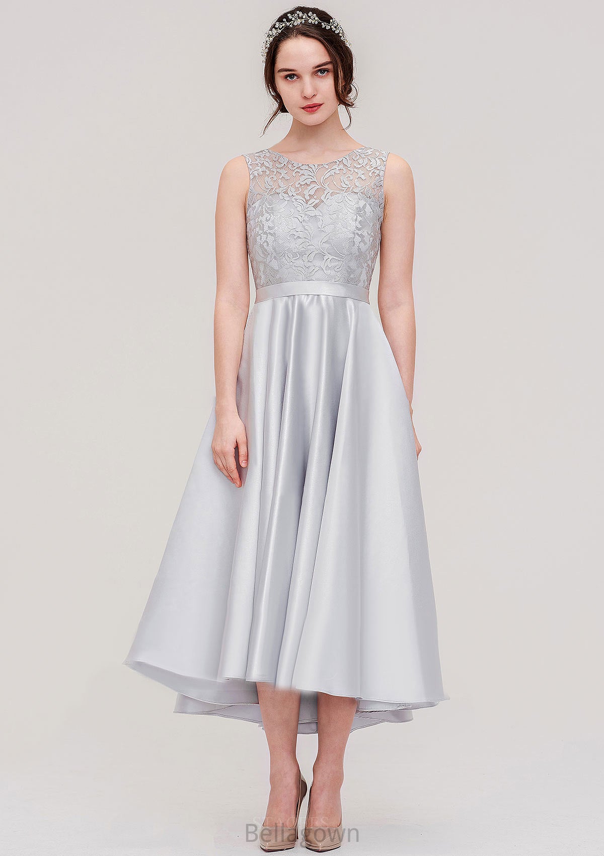 Bateau Sleeveless Tea-Length Satin A-line/Princess Bridesmaid Dresses With Sashes Lace Alicia DNP0025495