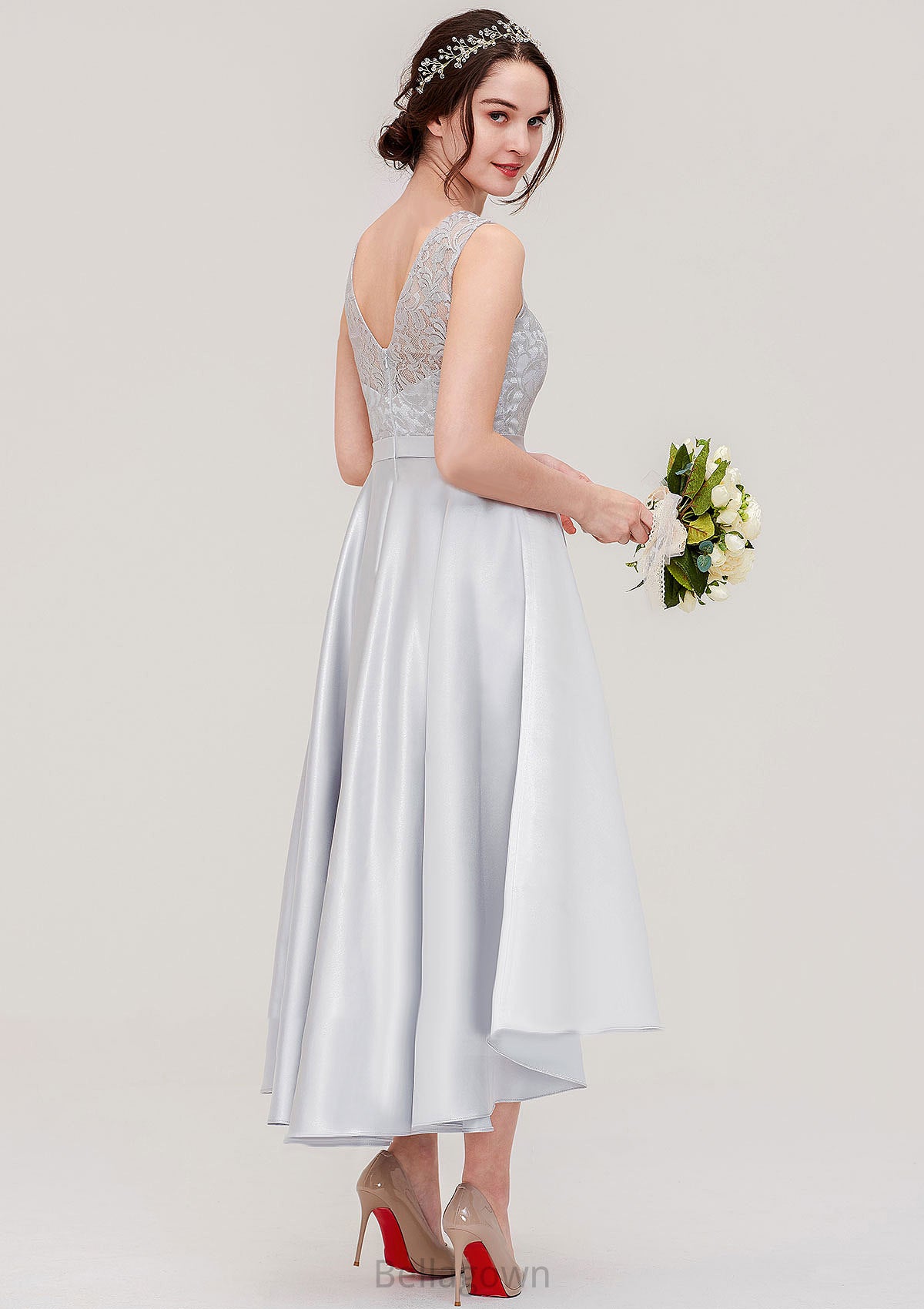 Bateau Sleeveless Tea-Length Satin A-line/Princess Bridesmaid Dresses With Sashes Lace Alicia DNP0025495