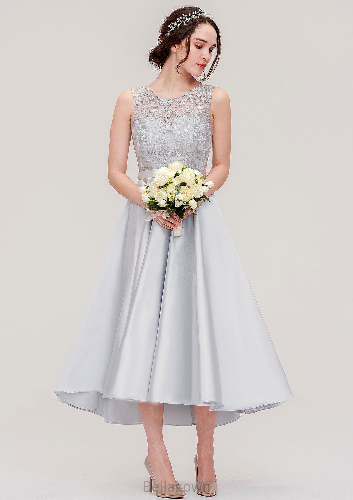 Bateau Sleeveless Tea-Length Satin A-line/Princess Bridesmaid Dresses With Sashes Lace Alicia DNP0025495