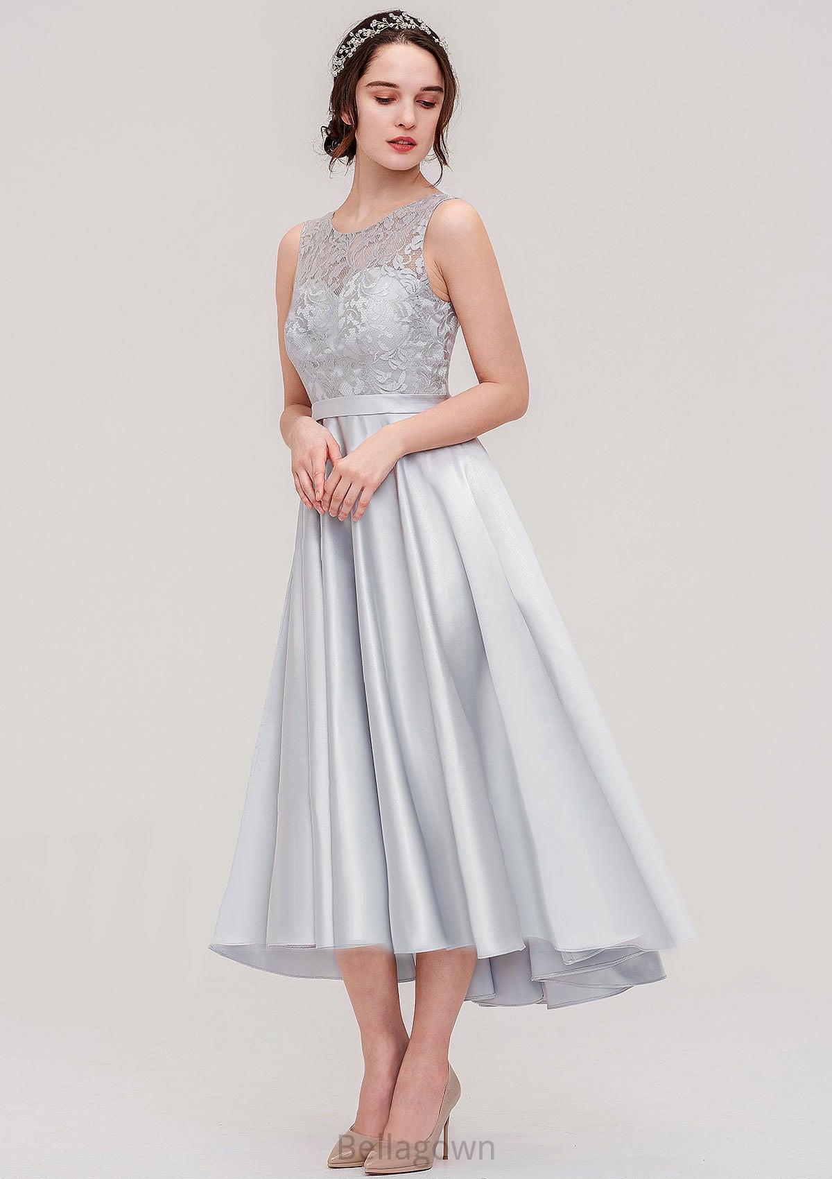 Bateau Sleeveless Tea-Length Satin A-line/Princess Bridesmaid Dresses With Sashes Lace Alicia DNP0025495