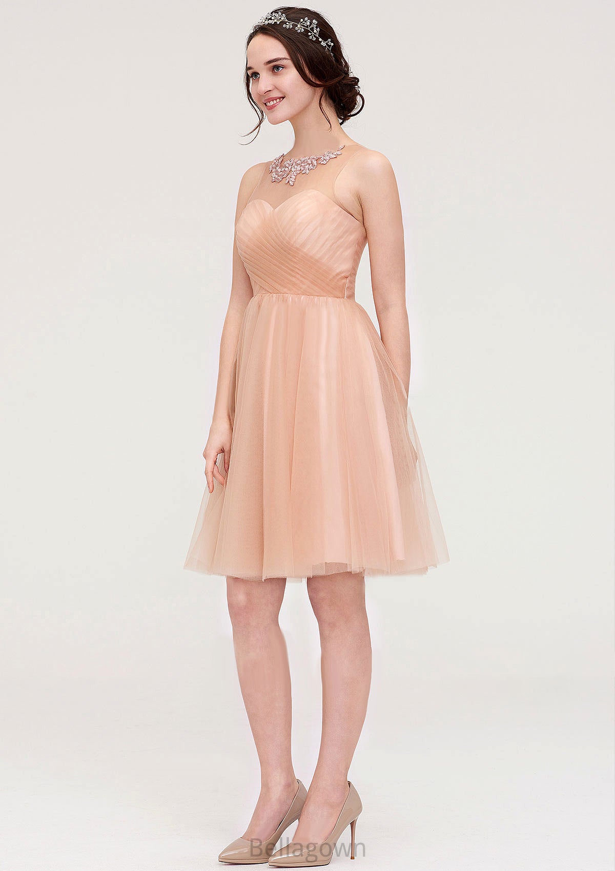 Bateau Sleeveless A-line/Princess Tulle Knee-Length Bridesmaid Dresses With Pleated Beading Jacqueline DNP0025498