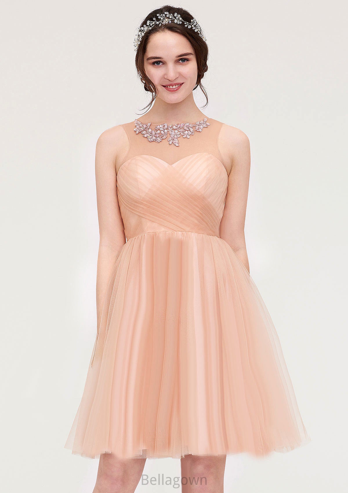 Bateau Sleeveless A-line/Princess Tulle Knee-Length Bridesmaid Dresses With Pleated Beading Jacqueline DNP0025498