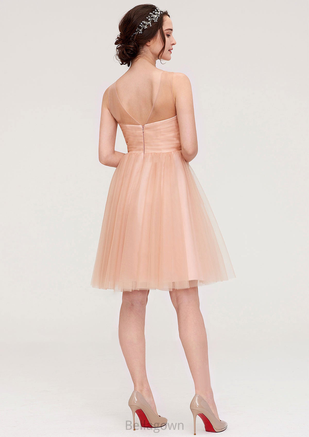 Bateau Sleeveless A-line/Princess Tulle Knee-Length Bridesmaid Dresses With Pleated Beading Jacqueline DNP0025498