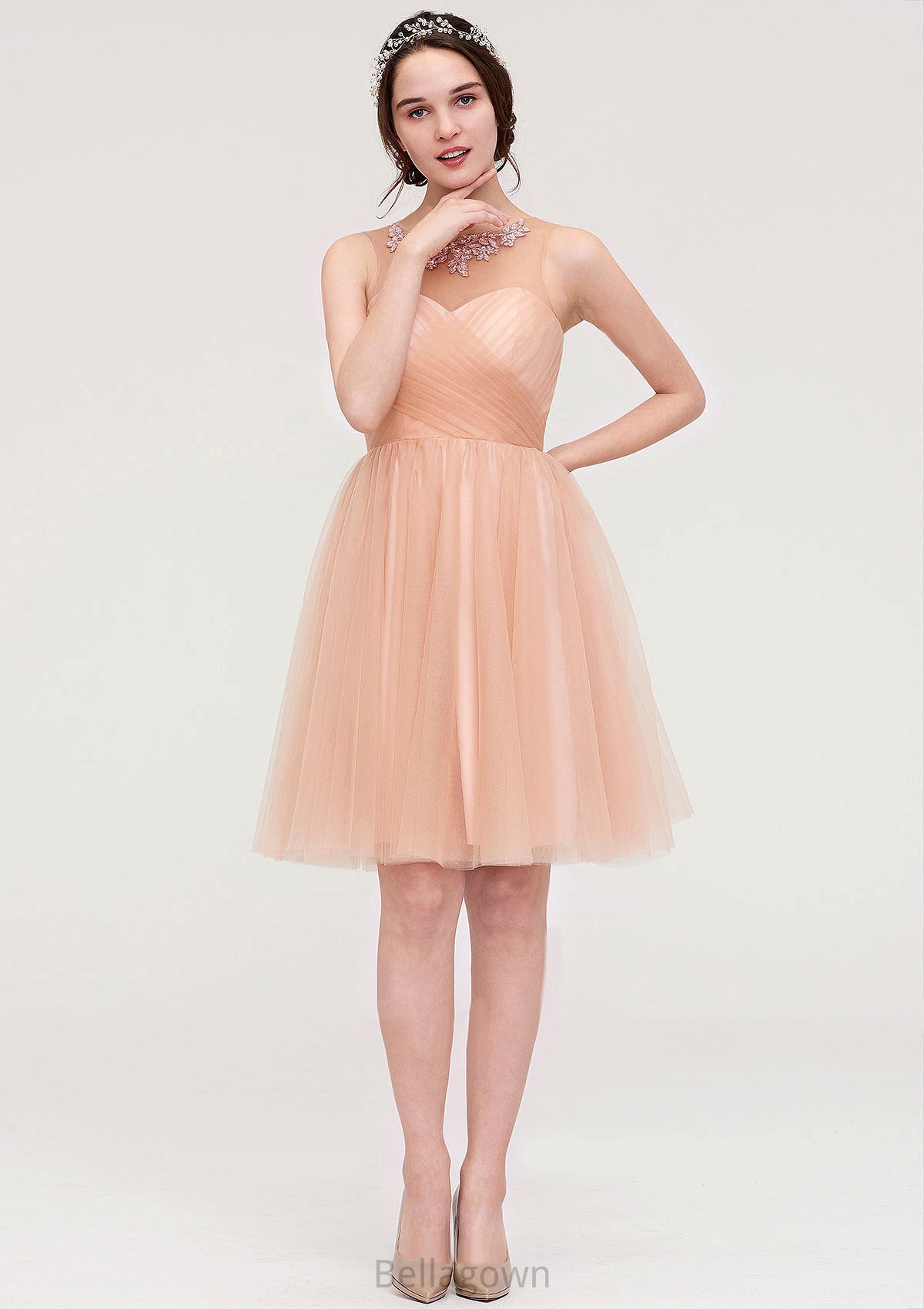 Bateau Sleeveless A-line/Princess Tulle Knee-Length Bridesmaid Dresses With Pleated Beading Jacqueline DNP0025498