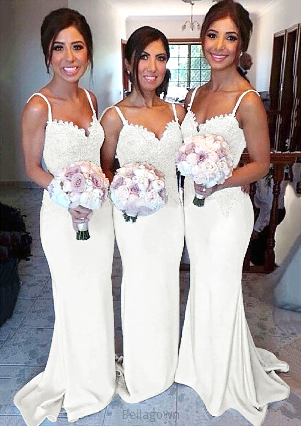 Sweetheart Court Train Sheath/Column Elastic Satin Bridesmaid Dresseses With Lace Melany DNP0025500