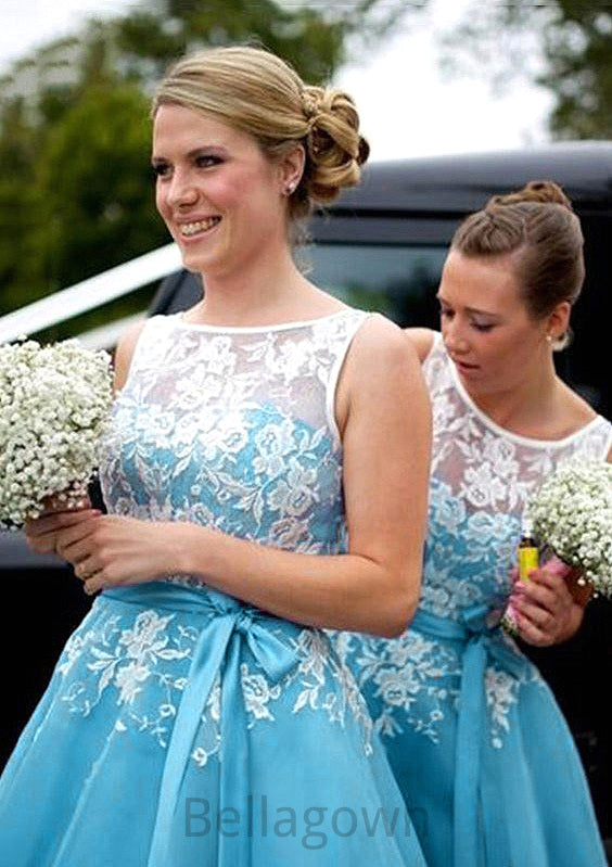 Bateau A-Line/Princess Tea-Length Organza Bridesmaid Dresses With Appliqued Marcie DNP0025504