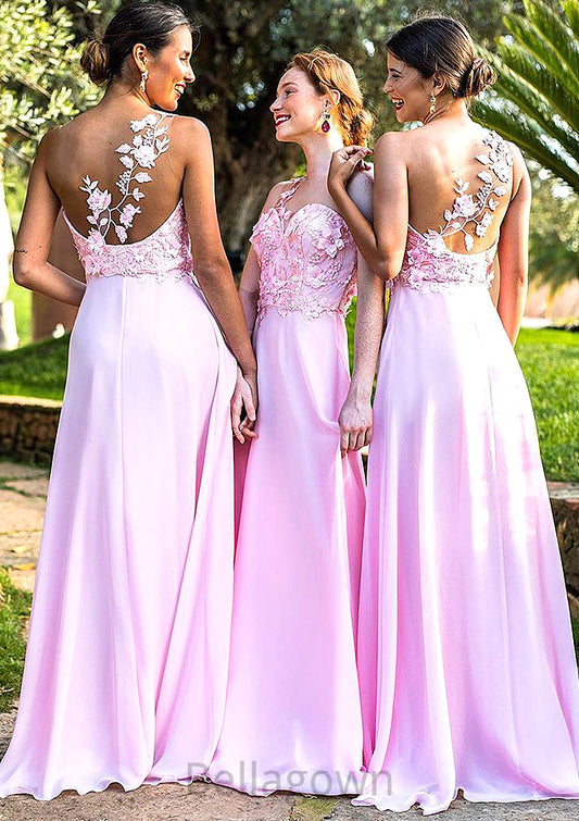 Sleeveless One-Shoulder Sweep Train A-line/Princess Chiffon Bridesmaid Dresseses With Appliqued Paris DNP0025506