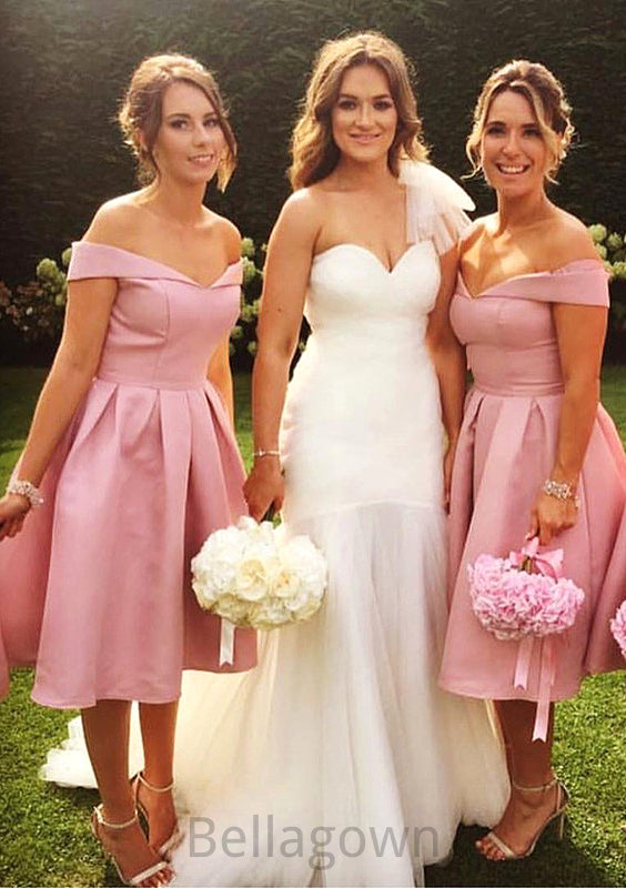 Sleeveless Off-the-Shoulder Tea-Length A-line/Princess Satin Bridesmaid Dresseses With Pleated Persis DNP0025508