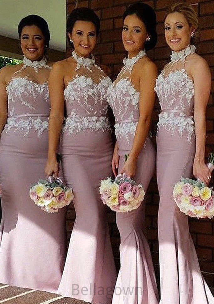 Halter Sleeveless Sweep Train Sheath/Column Satin Bridesmaid Dresses With Appliqued Jenna DNP0025515