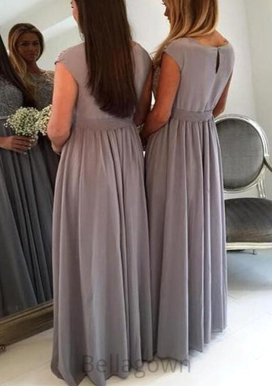 Bateau A-Line/Princess Long/Floor-Length Chiffon Bridesmaid Dresses With Appliqued Aryanna DNP0025517