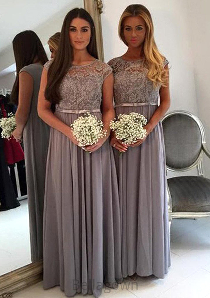 Bateau A-Line/Princess Long/Floor-Length Chiffon Bridesmaid Dresses With Appliqued Aryanna DNP0025517