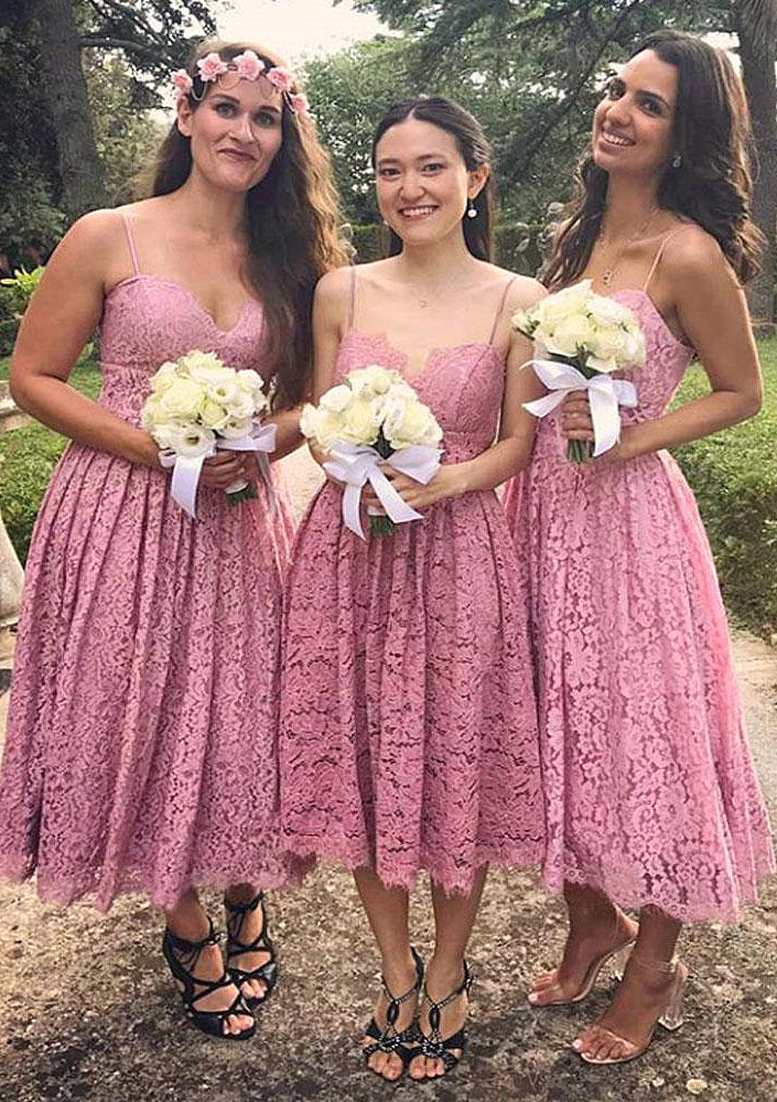 Sleeveless Sweetheart Tea-Length A-line/Princess Lace Bridesmaid Dresseses With Pleated Annika DNP0025518