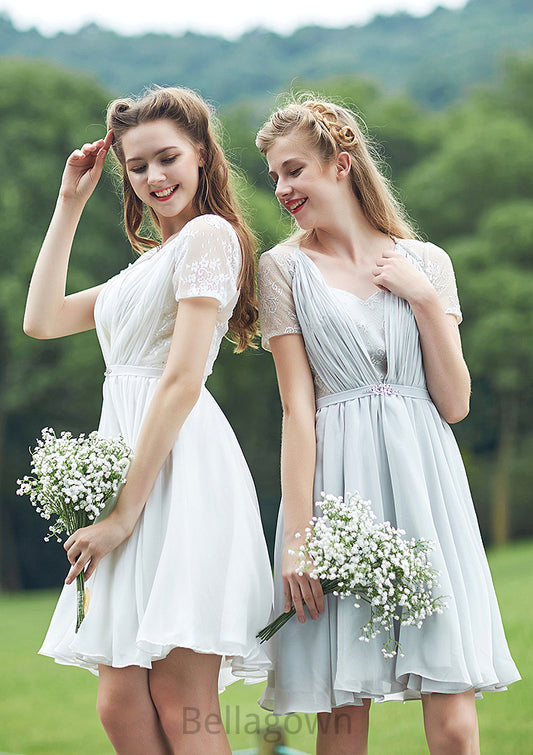 Short/Mini Scalloped Neck Short Sleeve Chiffon A-line/Princess Bridesmaid Dresseses With Lace Hallie DNP0025520