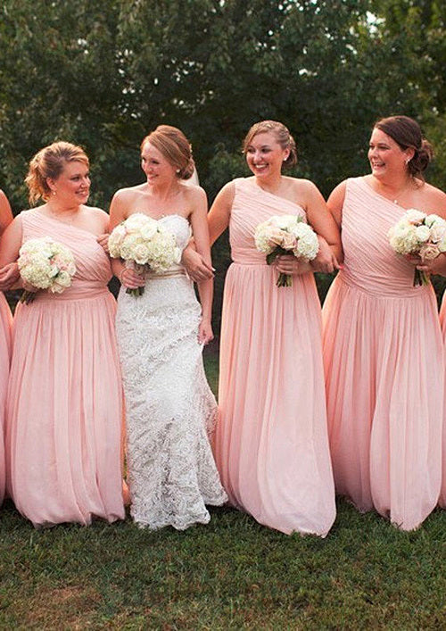 One-Shoulder A-Line/Princess Long/Floor-Length Chiffon Bridesmaid Dresses With Pleated Kaya DNP0025529