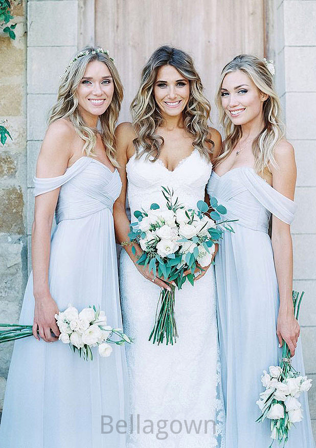 Off-The-Shoulder A-Line/Princess Long/Floor-Length Chiffon Bridesmaid Dresses With Pleated Destiny DNP0025534