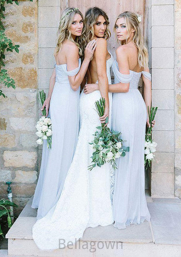 Off-The-Shoulder A-Line/Princess Long/Floor-Length Chiffon Bridesmaid Dresses With Pleated Destiny DNP0025534