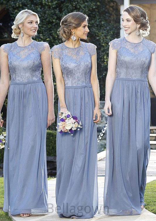 A-Line/Princess Sleeveless Scoop Neck Zipper Long/Floor-Length Chiffon Bridesmaid Dresses With Appliqued Mignon DNP0025547