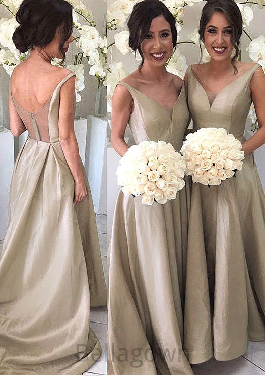 A-Line/Princess Sleeveless V-Neck Zipper Sweep Train Taffeta Bridesmaid Dresses Quintina DNP0025548