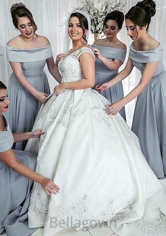 Off-The-Shoulder A-Line/Princess Long/Floor-Length Elastic Satin Bridesmaid Dresses Karlie DNP0025556