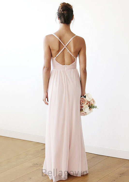 Spaghetti Straps Sleeveless V Neck Long/Floor-Length Chiffon Bridesmaid Dresses With Pleated Destiney DNP0025561