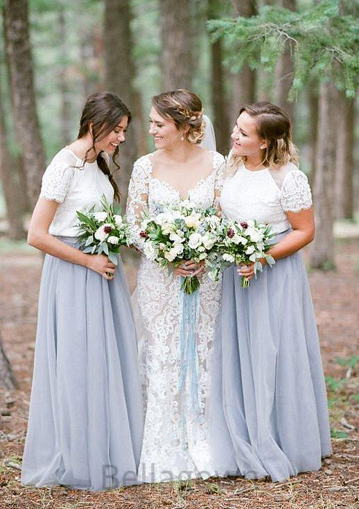 Short Sleeve Scoop Neck Long/Floor-Length A-line/Princess Tulle Bridesmaid Dresseses With Lace Elaine DNP0025563