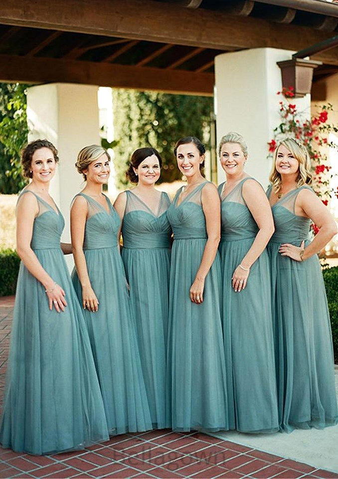 Sleeveless V Neck Tulle Long/Floor-Length A-line/Princess Bridesmaid Dresseses With Pleated Crystal DNP0025578