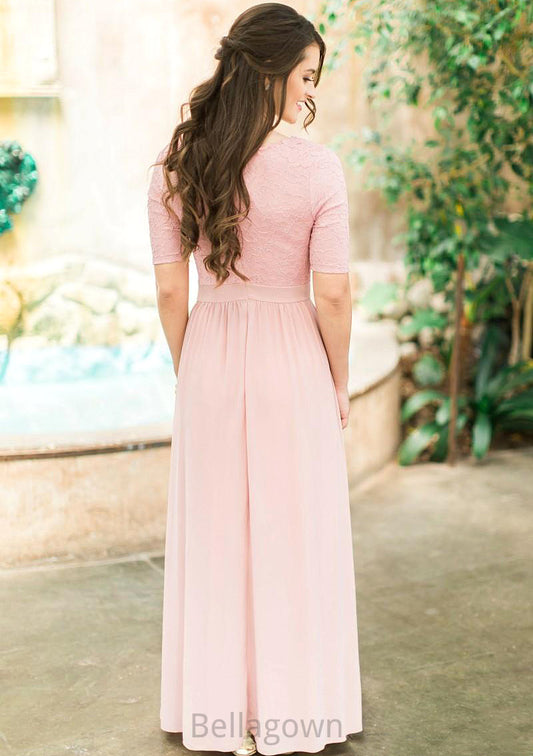 Scoop Neck Short Sleeve Ankle-Length A-line/Princess Chiffon Bridesmaid Dresses With Lace Pleated Leia DNP0025580