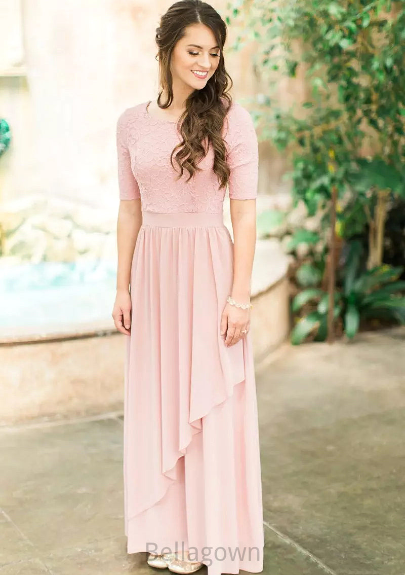 Scoop Neck Short Sleeve Ankle-Length A-line/Princess Chiffon Bridesmaid Dresses With Lace Pleated Leia DNP0025580