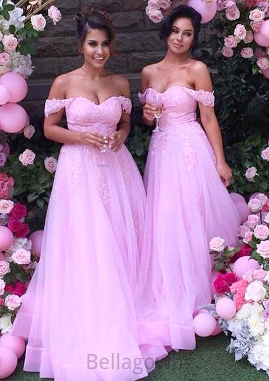 Sleeveless Off-the-Shoulder Long/Floor-Length Tulle A-line/Princess Bridesmaid Dresseses With Lace Ina DNP0025589