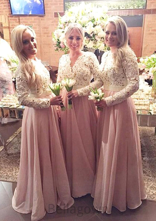 Full/Long Sleeve Scalloped Neck A-line/Princess Chiffon Long/Floor-Length Bridesmaid Dresseses With Beading Lace Justine DNP0025602